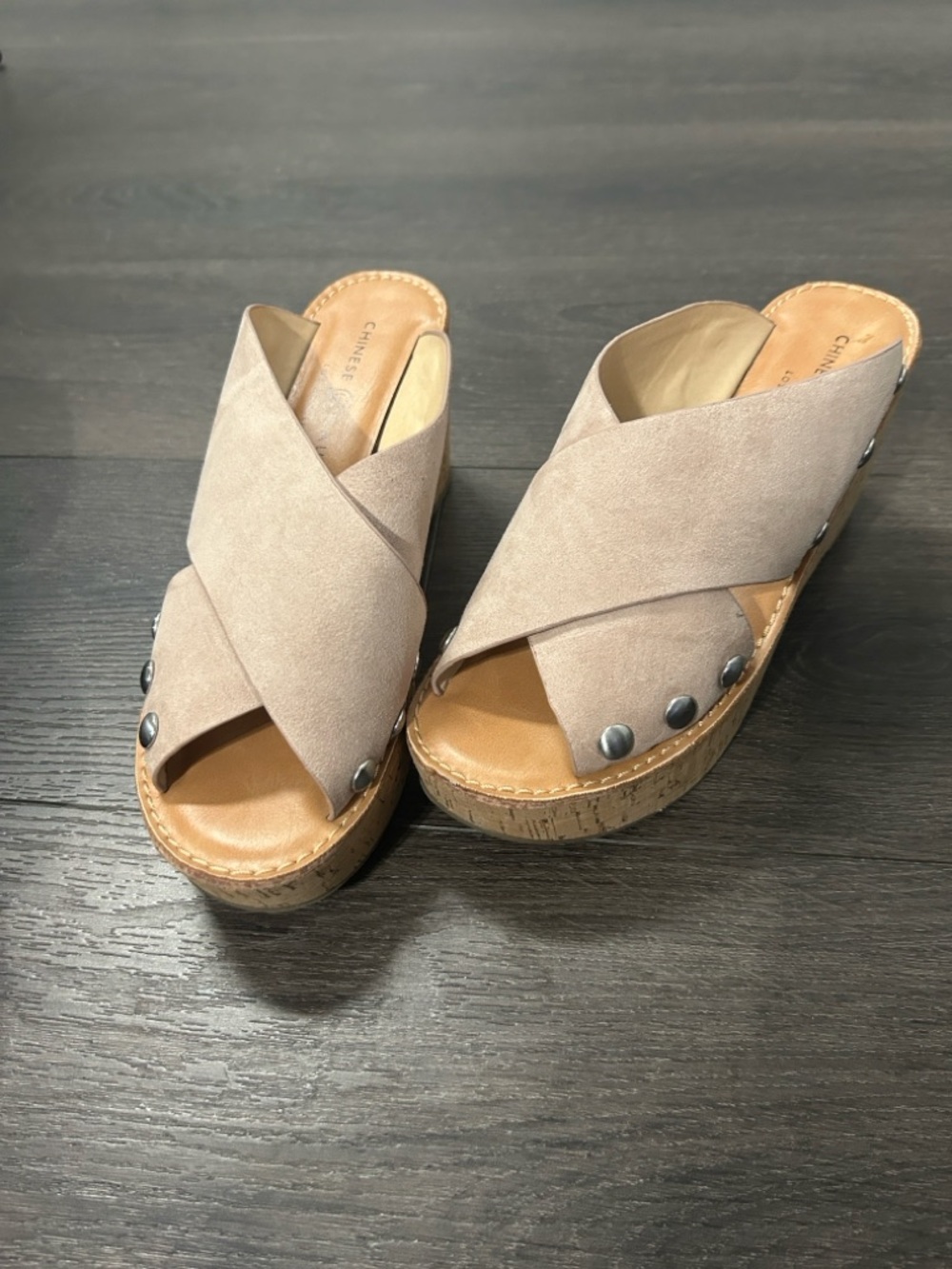Chinese Laundry Taupe Blush Suede Cork Wedge Studded Sandals - Picture 2 of 6